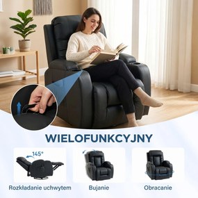 HOMCOM Fotel masujący z funkcją bujania, leżenia i ogrzewania, 3 tryby, obrotowy, czarny | Aosom PL