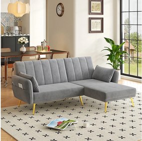 Sofa 3-osobowa rozkładana - 191,5 x 130 x 80 cm - narożnik z funkcją spania - welur - szary