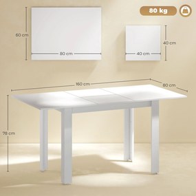 HOMCOM Rozkładany stół jadalniany 120-160 x 70 cm, regulowany stół kuchenny dla 4-6 osób, MDF, biały wysoki połysk