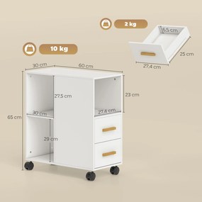HOMCOM Stojak na drukarkę, stolik z regulowaną półką i kółkami do faksu i skanera 60 x 30 x 65 cm Biały | Aosom PL