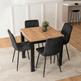 Zestaw Stół Kwadratowy Rozkładany MAX 80-160 cm Dąb Craft/Czarny i 4 Krzesła ROBIN Czarne Welurowe