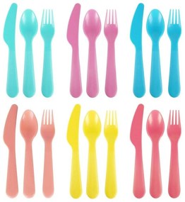 Zestaw plastikowych sztućców dla dzieci Rainbow, 18 sztuk, 6 kolorów