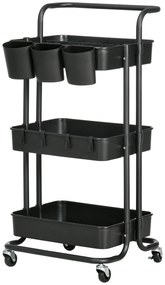 HOMCOM Wózek na 3 Poziomy z Koszykami i Hakami, Wózek Pomocniczy do Kuchni lub Salonu, Stal, Tworzywo Sztuczne, Czarny