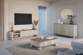 Komoda Vesper 160 cm z szufladami - kaszmir / orzech / złote uchwyty / nogi kule