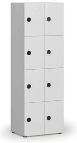 Drewniana szafka skrytkowa S4, 8 schowków, demontaż, zamek kodowy, szary/biały