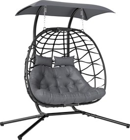 Outsunny Wiszący Fotel, Składany Fotel z Rattanu z Poduszką, Stelaż ze Stali, Baldachim, Odporny do 260 kg, Ciemnoszary