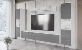 Nowoczesna meblościanka 4-elementowa do salonu z LED, 2 słupki, szafka RTV 180 cm i półka, korpus biały mat, fronty szary połysk