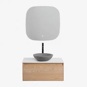 Zestaw Wiszących Mebli Łazienkowych Z Drewna Jesionowego Tedrik Popielaty Brąz & Okrągły Szary Cement Ø40 Cm - Sklum