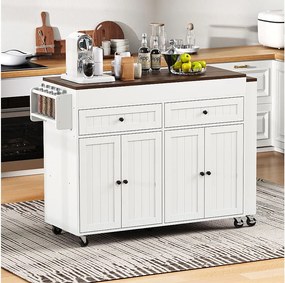 Wyspa centralna na kółkach - rozkładana z blatem + 2 szuflady - MDF - biały + brązowy