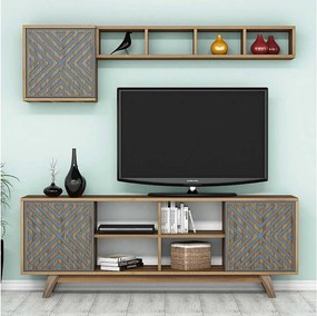 Nowoczesny stolik RTV – 160 cm – orzech i niebieski – melamina