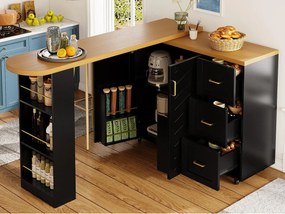 Rozsuwany i obrotowy mebel barowy - obrotowy - 228x39x104cm - z 2 drzwiami i 3 szufladami - z bocznymi półkami - Czarny