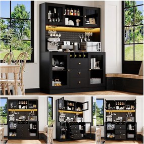 Nowoczesna komoda kuchenna - 140 x 40 x 185,7 cm - z 4 drzwiami szklanymi + 3 szufladami + półkami + diodami LED - MDF + szkło - czarna