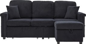 Sofa 3-osobowa z czarnego sztruksu z LED i USB, podnóżkiem ze schowkiem i 2 szufladami