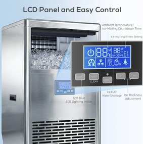 HOMCOM Komercyjna Maszyna do Lodu 45 kg/24H, Stal Nierdzewna, 15 kg Pojemności, Funkcja Samoczyszczenia, Srebrna | Aosom PL