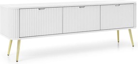ZOVA RTV Szafka 3-drzwiowa z klapami i nogami, stolik TV z nowoczesnym designem, metalowe nogi złote, 168/57/39cm, kolor: biały