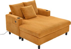 Sofa lounge z żółtego pluszu z portem USB, oświetleniem LED i uchwytami na kubki