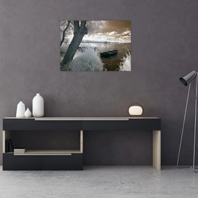 Obraz na szkle łodzi na jeziorze (70x50 cm)