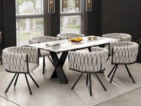 Zestaw 6 lnianych krzeseł obrotowych z podłokietnikami - czarne metalowe nogi - Beż