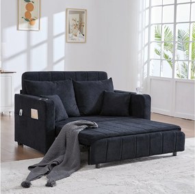Rozkładana sofa z kieszeniami bocznymi i uchwytami na kubki, portami ładowania USB – czarny szenil