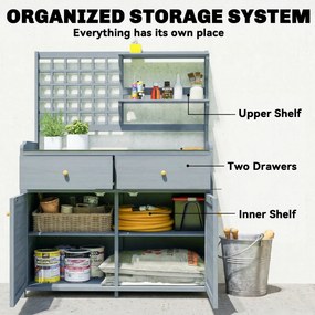 Outsunny Stół do sadzenia z szafką na zewnątrz, drewno, szafka ogrodowa z ocynkowaną powierzchnią roboczą, 2 szuflady, 104x44x140 cm jasnoszary | Aosom PL
