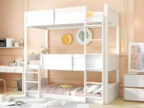 Łóżko piętrowe 3x90x200 cm z litego drewna - z 2 stelażami na listwy - Białe