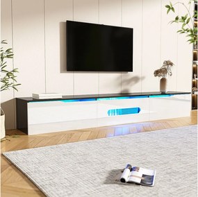 Szafka RTV ścienna z 3 drzwiami - 180 x 35 x 30 cm - diody LED - płyta MDF i wiórowa - połyskująca czerń i biel