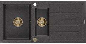 Mexen Andres zlewozmywak granitowy 1,5-komorowy z ociekaczem 1000 x 500 mm czarny nakrapiany, syfon złoty - 6515101510-76-G