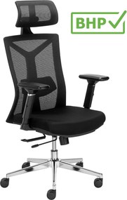 Fotel biurowy Akro siatkowy z zagłówkiem i regulacją lędźwi, zgodny z normą BHP