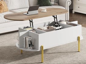 Stolik kawowy podnoszony 120x50x43 cm - z przechowywaniem - Nóżki metalowe - MDF - Biały + Naturalny