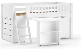 Białe podwyższone łóżko dziecięce z litego drewna sosnowego ze schowkiem i stelażem 90x200 cm Scott – Vipack