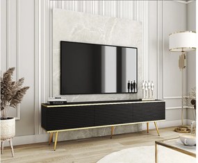 Szafka RTV z czarnymi listwami, złote nóżki, 175 x 30 x 52 cm, Push to Open