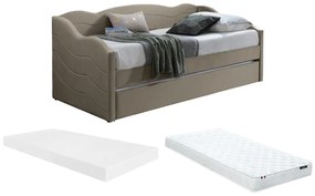 Wysuwane łóżko 2 × 90 × 190 cm – welurowe – kolor beżowy z materacem – LENVIA