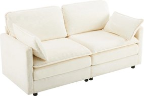 Biała sofa 2-osobowa - Prosta sofa z oparciem i poduszkami - sztruks - do salonu i sypialni