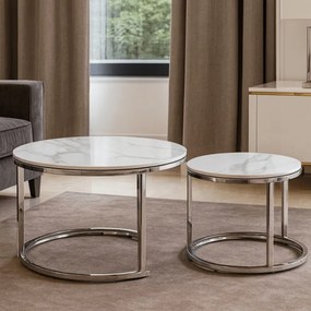 Zestaw Stolików Kawowych AMARA 45,5 cm/60 cm Biały Marmur/Srebrny Glamour