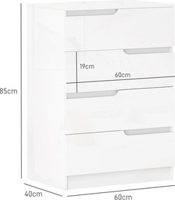 HOMCOM Nowoczesna Komoda, Szafa z 4 szufladami, Płyta wiórowa, Biała, Zabezpieczenie przeciwwypadowe, Podkładki, Biały Połysk