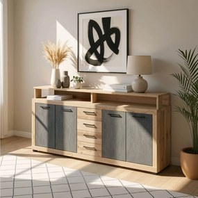 Komoda Czterodrzwiowa BLAGO 190 cm Surowy Dąb/Czarny Loft