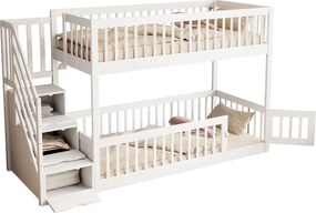 Łóżko piętrowe 90×200 cm - z drabiną bezpieczeństwa - z 3 szufladami - białe (materac nie jest zawarty)