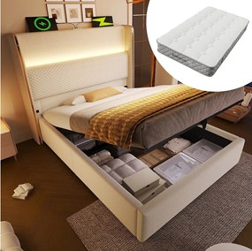 Łóżko dziecięce z pojemnikiem 90x200 cm z portem USB i LED, zagłówek wyściełany - len beżowy (Z materacem)
