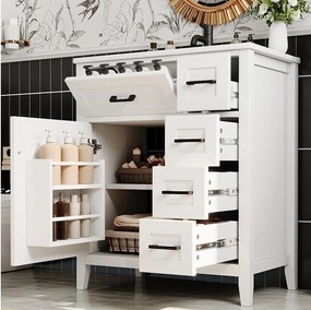 Meble łazienkowe na nogach 76x46x90 cm - Zintegrowana ceramiczna umywalka - 5 szuflad i 1 drzwi - Lakierowane wykończenie - MDF - Biały