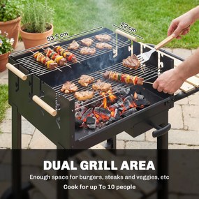 Outsunny Grill na węgiel drzewny z 4-stopniową regulacją wysokości rusztu, 2 drewniane półki, 2 kółka, tacka na popiół, 99,5 x 58 x 82 cm | Aosom PL