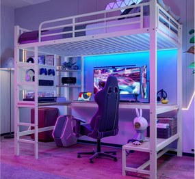 Łóżko mezzanine 90x200cm - z biurkiem + balustradą - z portami USB + Type-C - z taśmą świetlną LED - białe