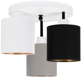 Lampa sufitowa biała trzypunktowa z szaro-czarno-białymi abażurami C-3