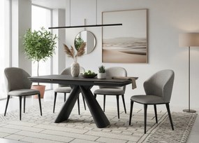 Elegancki stół z szarym ceramicznym blatem na hartowanym szkle. Metalowa podstawa z czarnej stali nadaje mu nowoczesny charakter i wyjątkową trwałość.