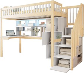 Łóżko piętrowe 90×200 cm - z oświetleniem LED - schody ze schowkiem + półki - z biurkiem - białe + naturalne (materac nie jest zawarty)