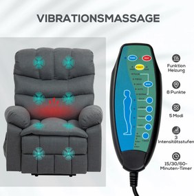 HOMCOM Fotel podnoszący, elektryczny fotel relaksacyjny z funkcją masażu, fotel tapicerowany z funkcją podnoszenia, metal, tkanina, szary