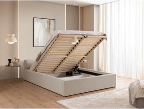 Beżowe tapicerowane łóżko dwuosobowe ze schowkiem i stelażem 160x200 cm Cille – Ropez