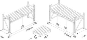 Regał paletowy 3300x2700x800 mm, 2 piętra, podstawowy