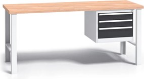 Profesjonalny stół warsztatowy G3 z drewnianym blatem roboczym, 1700 mm, 1x 3 szufladowy kontener, grafitowy