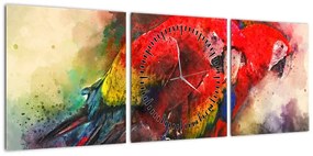 Obraz czerwonych papug Ara (z zegarem) (90x30 cm)