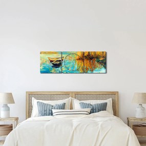 Obraz - Jezioro z łodziami (z zegarem) (90x30 cm)